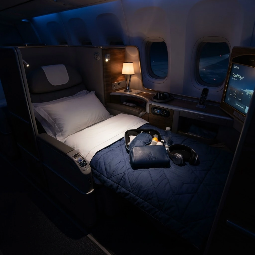 Flat bed business class seat with amenity kit at night